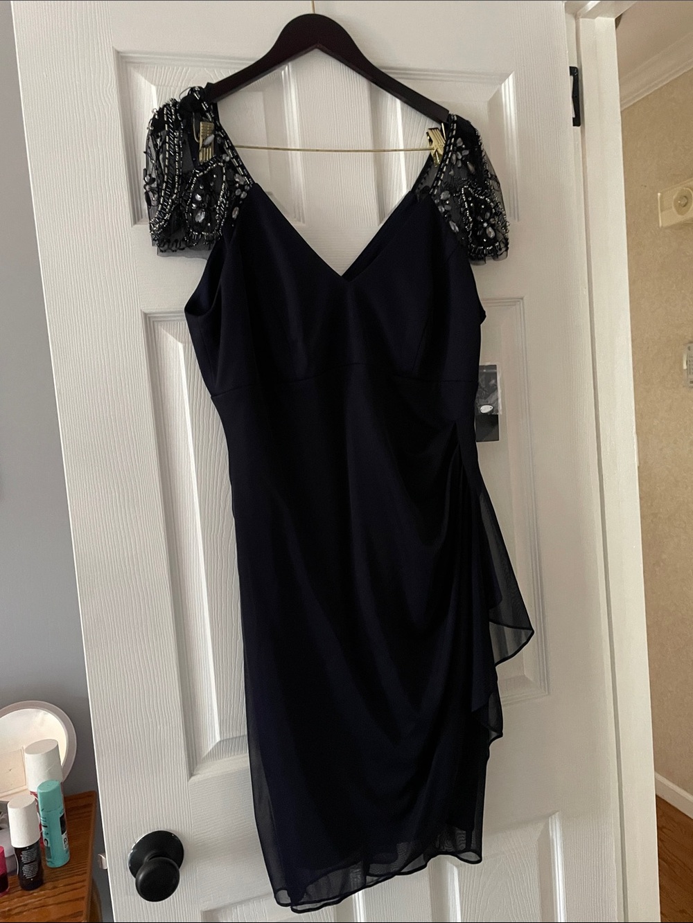 Xscape Navy Beaded Cap Sleeve Midi Dress